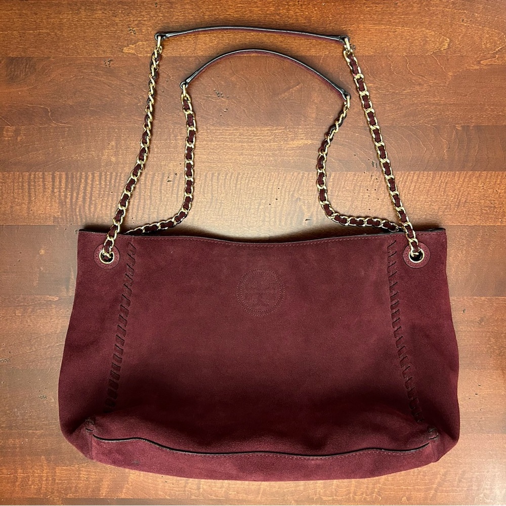 Tory Burch Burgundy Suede Chain-Handle Shoulder Bag